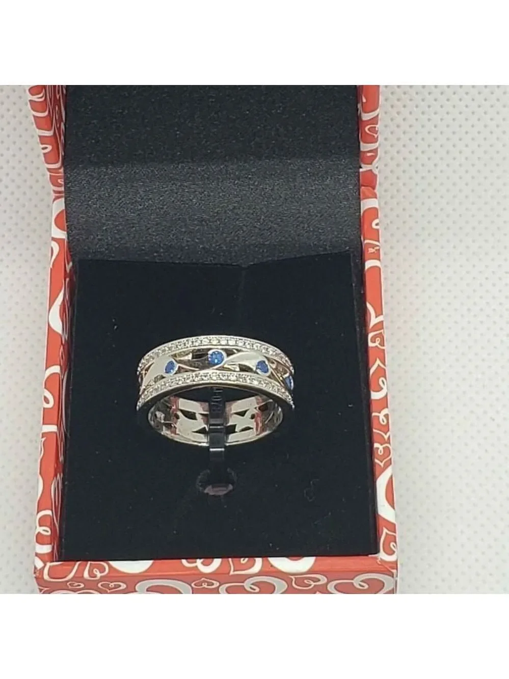 Brand New 18k White Gold Plated ring w/ cubic zirconia stones & blue gemstones